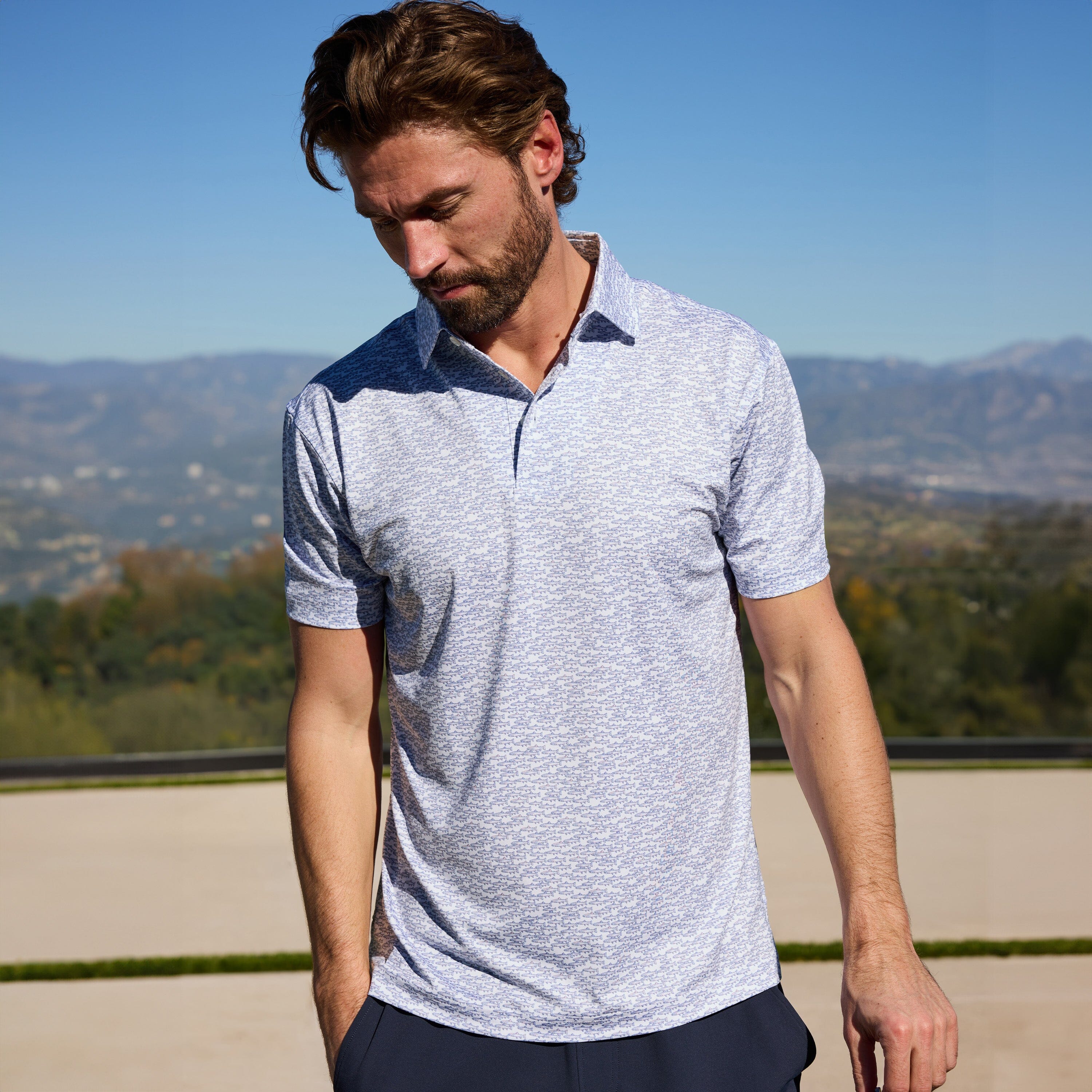 The Trout Run | Performance Polo | The Trout Run - White/Bunker Blue - Image 4