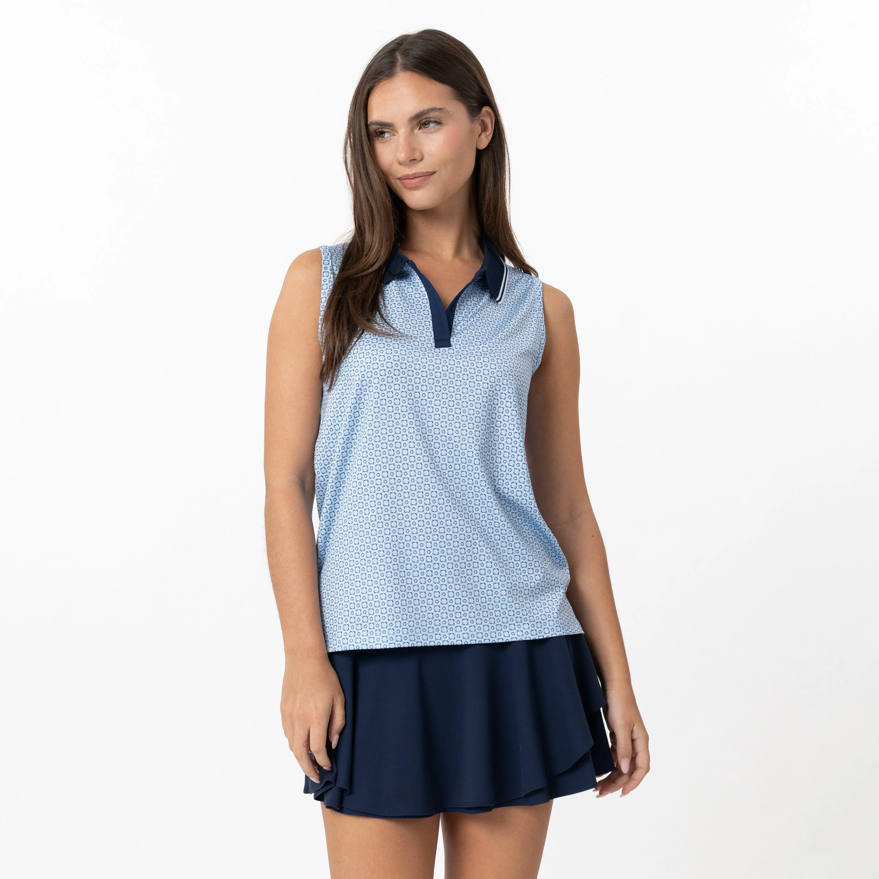Brooke Sleeveless Performance Polo | The Floral Lattice - Baby Blue/White